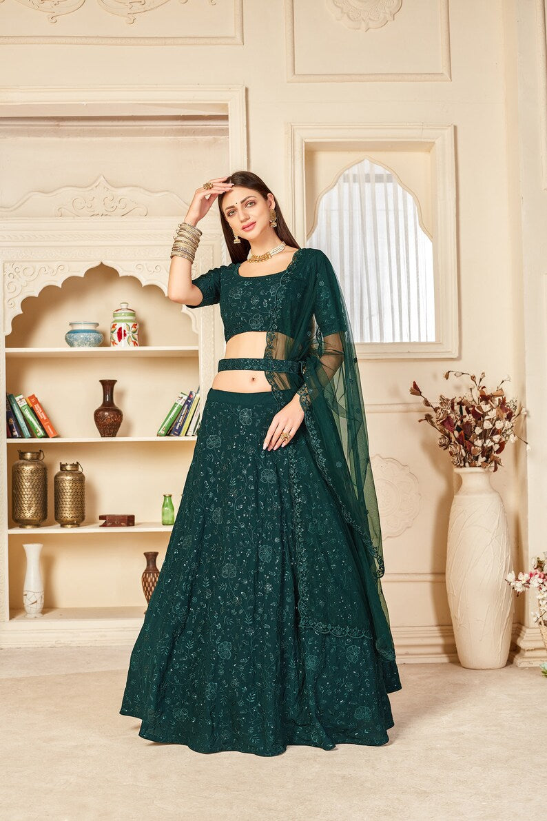 Designer Green Fancy Thread Work With Sequence Work Lehenga with designer blouse indian style dupatta party wear lehenga choli  - INSPIRED