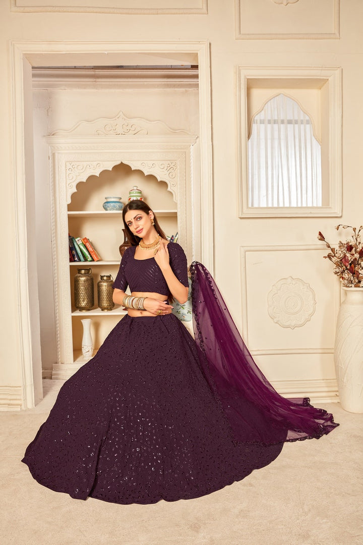 Designer Purple Fancy Thread Work With Sequence Work Lehenga with designer blouse indian style dupatta party wear lehenga choli  - INSPIRED