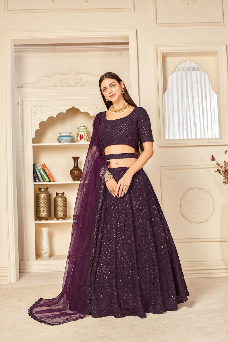 Designer Purple Fancy Thread Work With Sequence Work Lehenga with designer blouse indian style dupatta party wear lehenga choli  - INSPIRED