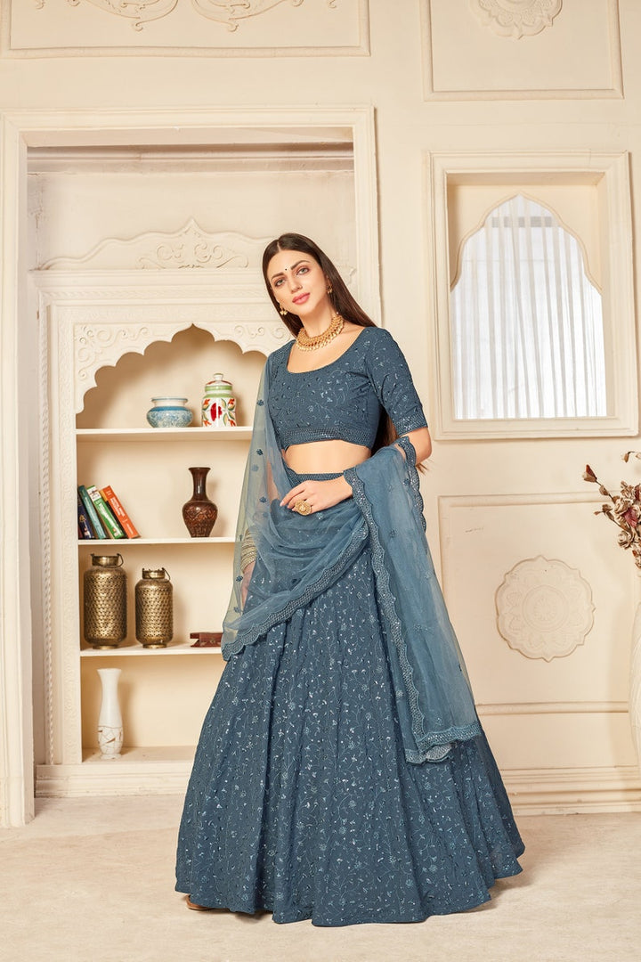 Designer Gray Fancy Thread Work With Sequence Work Lehenga with designer blouse indian style dupatta party wear lehenga choli  - INSPIRED