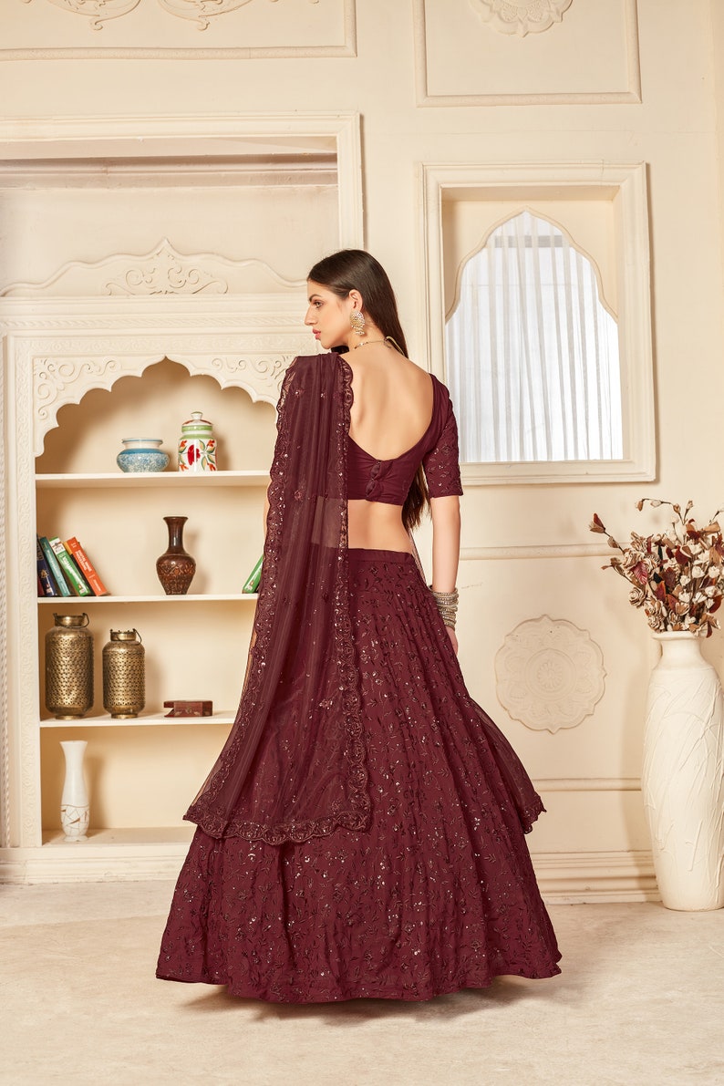 Designer Maroon Fancy Thread Work With Sequence Work Lehenga with designer blouse indian style dupatta party wear lehenga choli  - INSPIRED