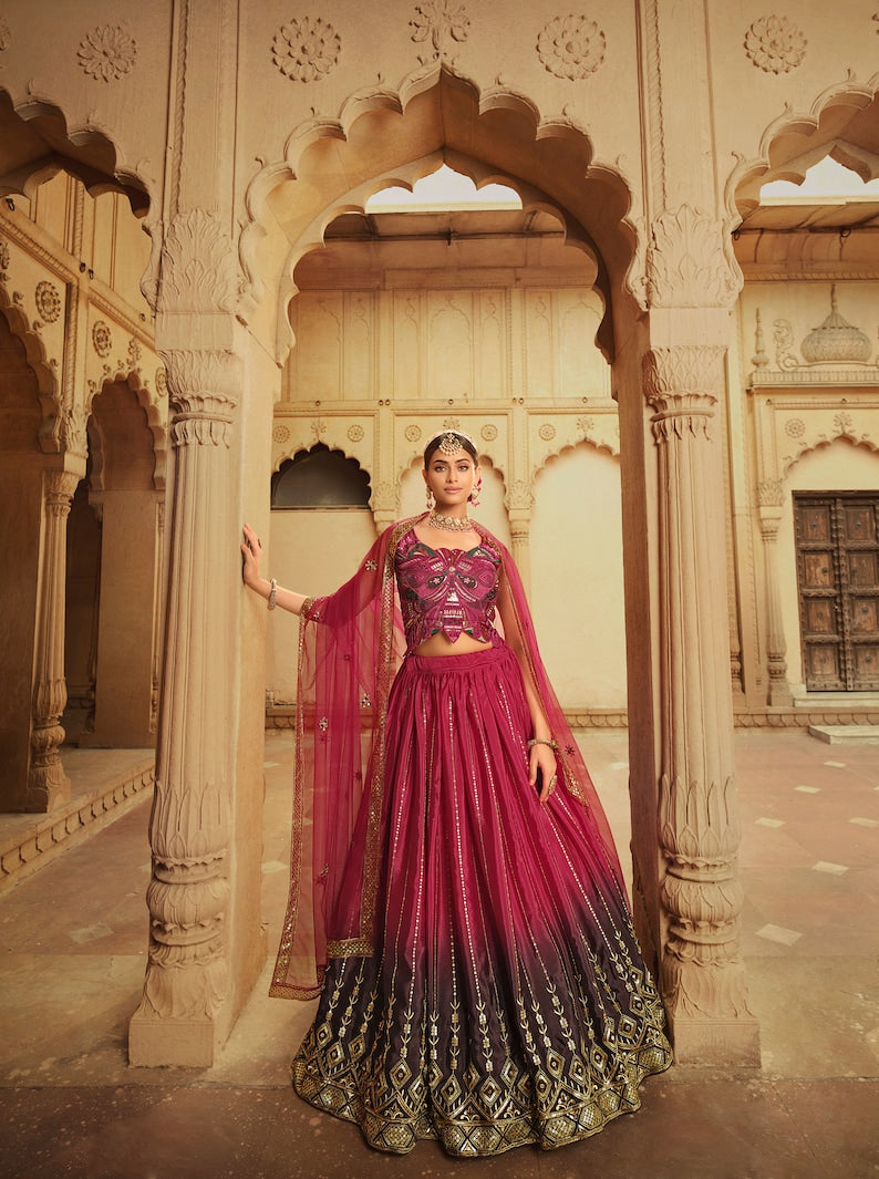 Sabyasachi Style Deep Pink-Purple Lehenga Choli with Embroidered sequence work Wedding lehenga choli  for party wear lehenga choli for Women  - INSPIRED