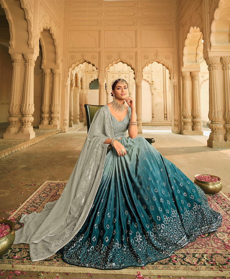 Sabyasachi Style Grey-Teal BLue Lehenga Choli with Embroidered sequence work Wedding lehenga choli  for party wear lehenga choli for Women  - INSPIRED