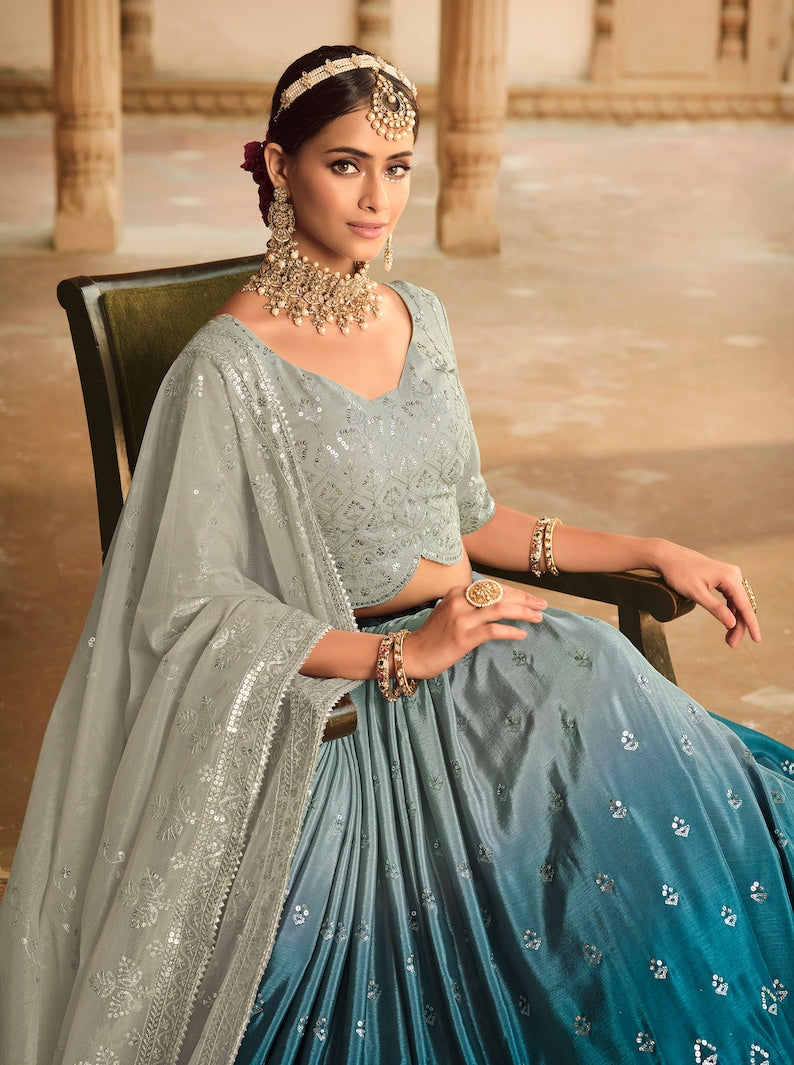 Sabyasachi Style Grey-Teal BLue Lehenga Choli with Embroidered sequence work Wedding lehenga choli  for party wear lehenga choli for Women  - INSPIRED