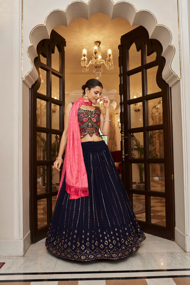 Sabyasachi Designer Navy lehenga choli with Zari and Multiple Sequence Embroidery Work for woman party wear lehenga choli for wedding  - INSPIRED