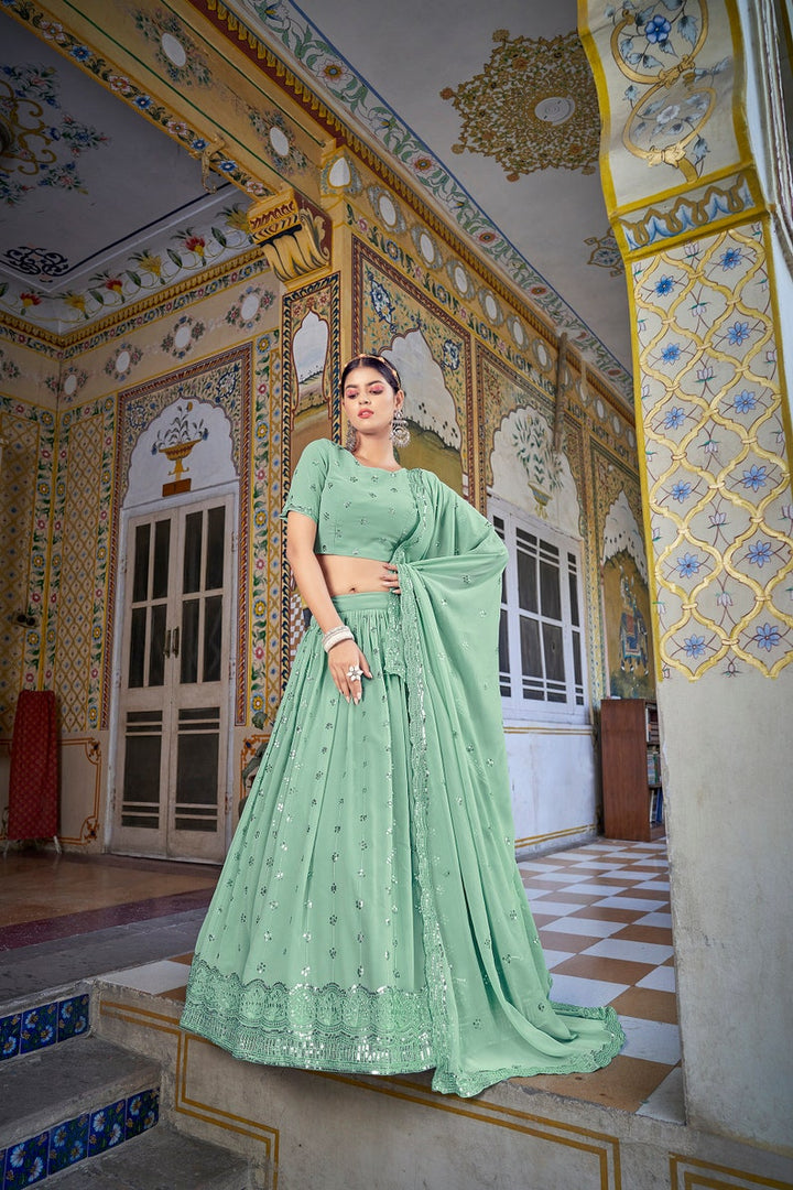 Sabyasachi Designer Pista Green lehenga choli with Zari and Multiple Sequence Embroidery Work for woman party wear lehenga choli for wedding  - INSPIRED