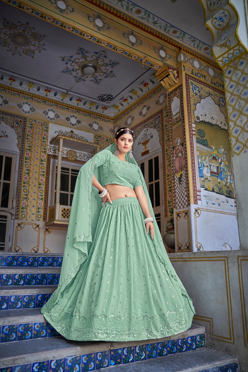 Sabyasachi Designer Pista Green lehenga choli with Zari and Multiple Sequence Embroidery Work for woman party wear lehenga choli for wedding  - INSPIRED