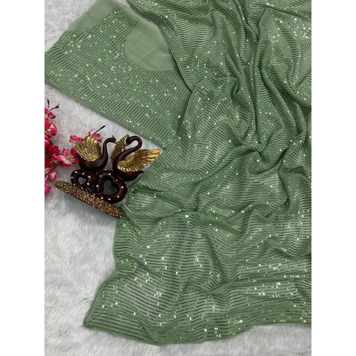 Green Sequins Saree With Stitched Blouse, Indian Wedding Reception Cocktail Party Wear Saree, Ready To Wear Saree. Pre Pleated  - INSPIRED