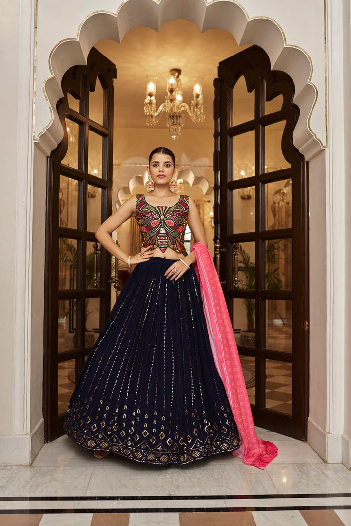 Sabyasachi Designer Navy lehenga choli with Zari and Multiple Sequence Embroidery Work for woman party wear lehenga choli for wedding  - INSPIRED