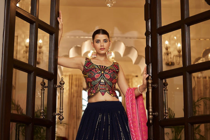 Sabyasachi Designer Navy lehenga choli with Zari and Multiple Sequence Embroidery Work for woman party wear lehenga choli for wedding  - INSPIRED