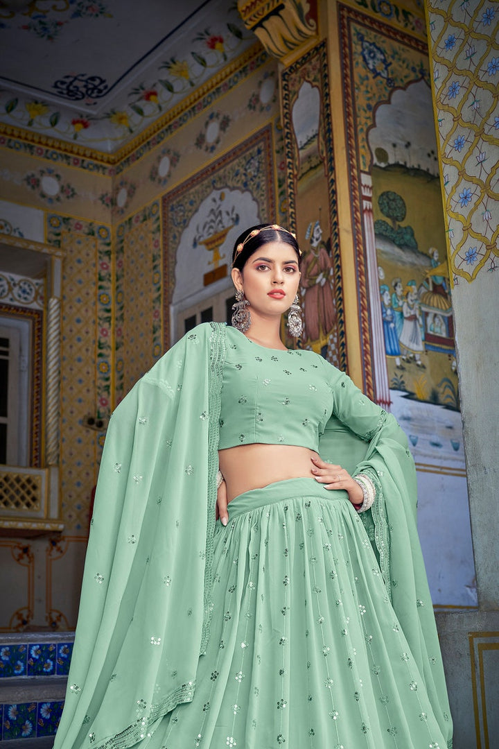 Sabyasachi Designer Pista Green lehenga choli with Zari and Multiple Sequence Embroidery Work for woman party wear lehenga choli for wedding  - INSPIRED