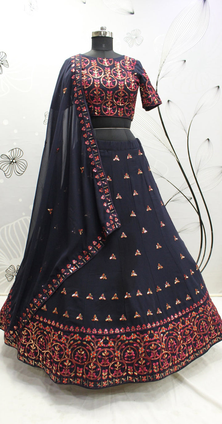 Sabyasachi Designer Navy Blue lehenga choli with Zari and Multiple Sequence Embroidery Work for woman party wear lehenga choli for wedding  - INSPIRED