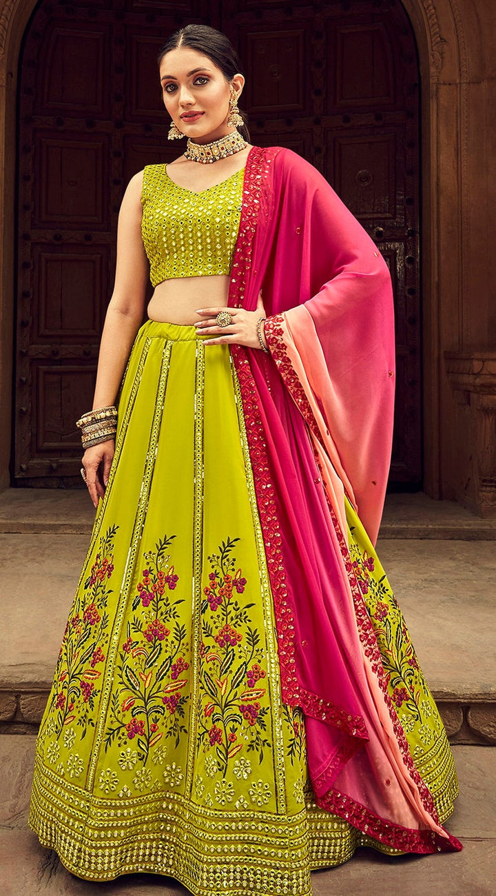 Green Designer Lehenga  with Fancy Thread and Paper Embroidery Work Blouse & Net dupatta, bollywood lehenag choli party wear for girl  - INSPIRED