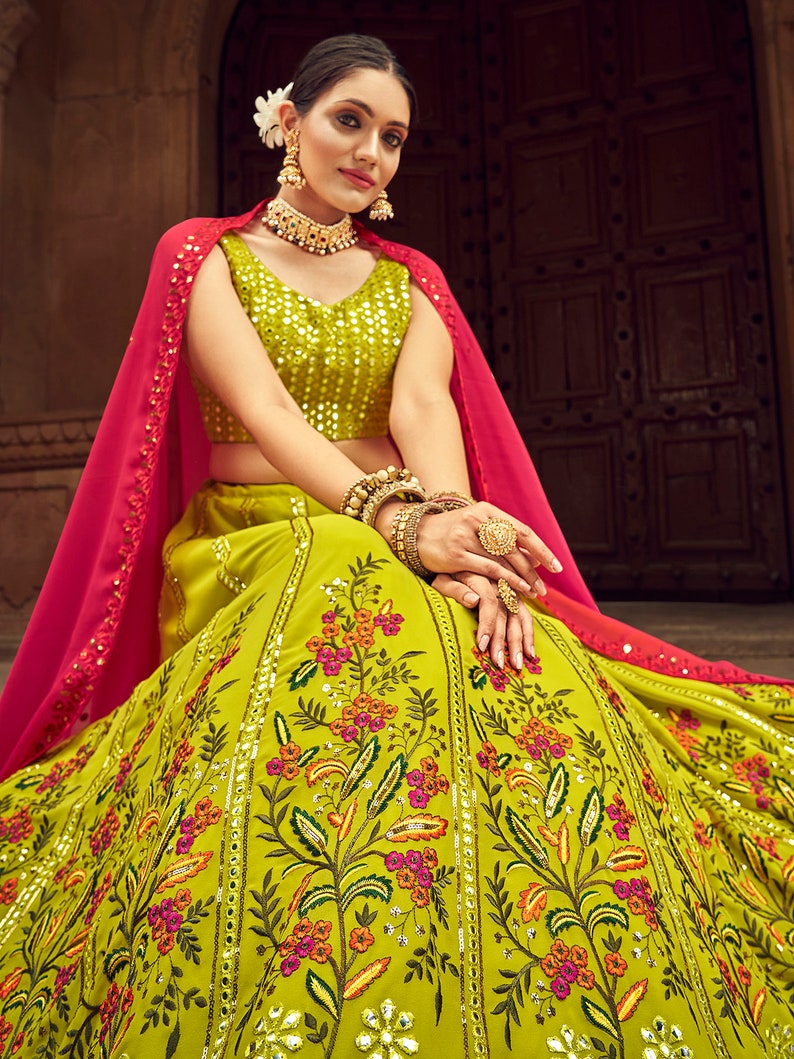 Green Designer Lehenga  with Fancy Thread and Paper Embroidery Work Blouse & Net dupatta, bollywood lehenag choli party wear for girl  - INSPIRED