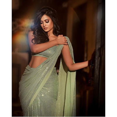 Green Sequins Saree With Stitched Blouse, Indian Wedding Reception Cocktail Party Wear Saree, Ready To Wear Saree. Pre Pleated  - INSPIRED