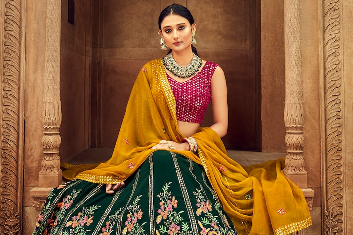 new designer green lehenga choli for women with heavy sequence embroidery work wedding wear party wear, lehenga choli  - INSPIRED