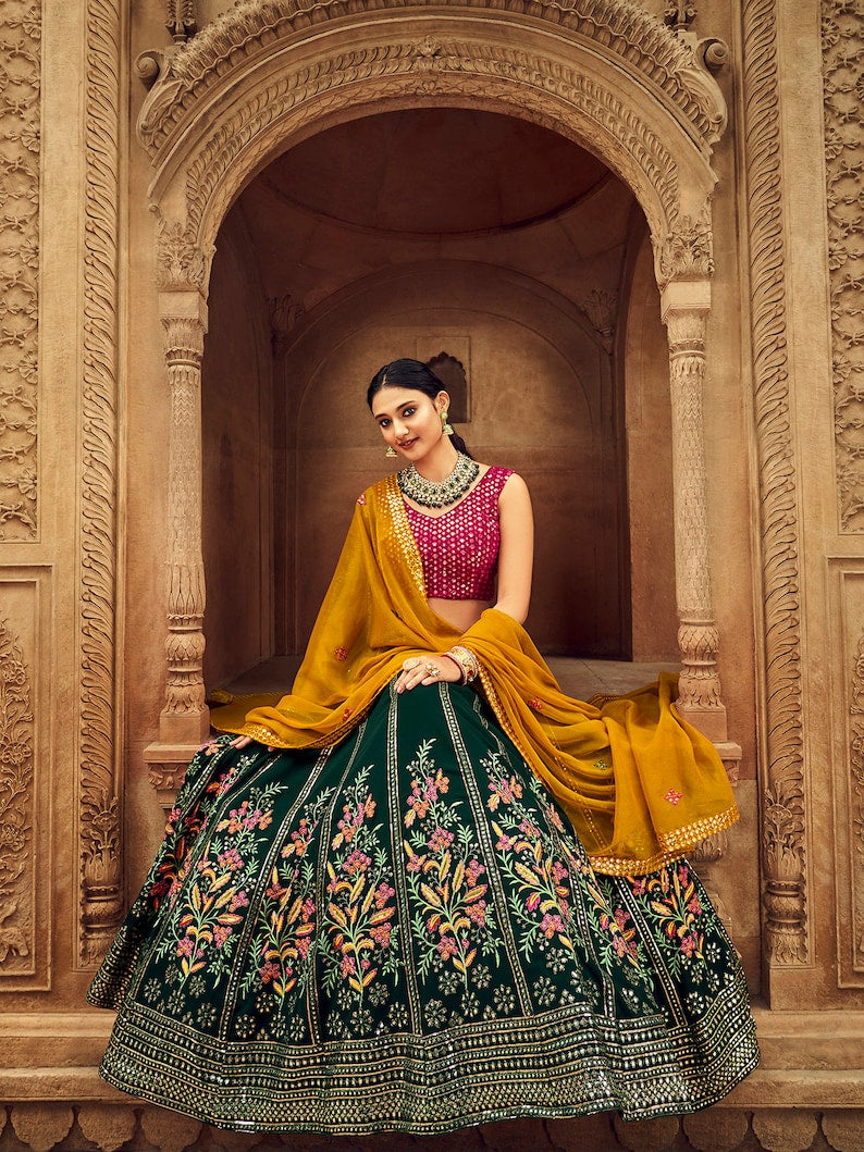 new designer green lehenga choli for women with heavy sequence embroidery work wedding wear party wear, lehenga choli  - INSPIRED