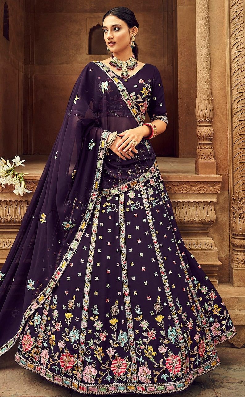 sabyasachi designer purple lehenga choli for women with heavy sequence embroidery work for wedding or party wear, lehenga choli for wedding  - INSPIRED