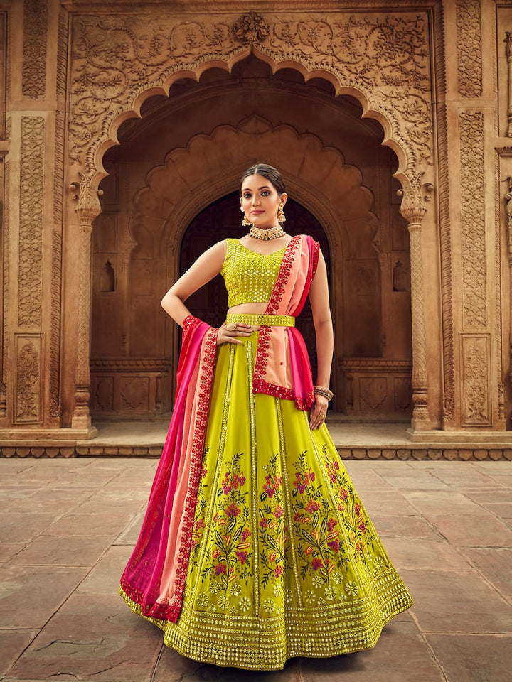 Green Designer Lehenga  with Fancy Thread and Paper Embroidery Work Blouse & Net dupatta, bollywood lehenag choli party wear for girl  - INSPIRED