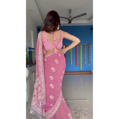Elegant Pink Saree With Blouse, Indian Wedding Mehendi Bridesmaids Party Wear Saree, Readymade Saree, Prestitched Saree  - INSPIRED
