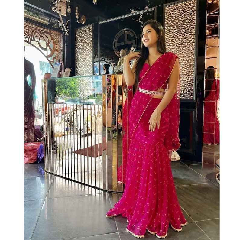 Ready To Wear Saree With Mirror Work Belt, Skirt Style Prestitched Saree, Indian Wedding Mehendi Sangeet Reception Party Wear Saree  - INSPIRED