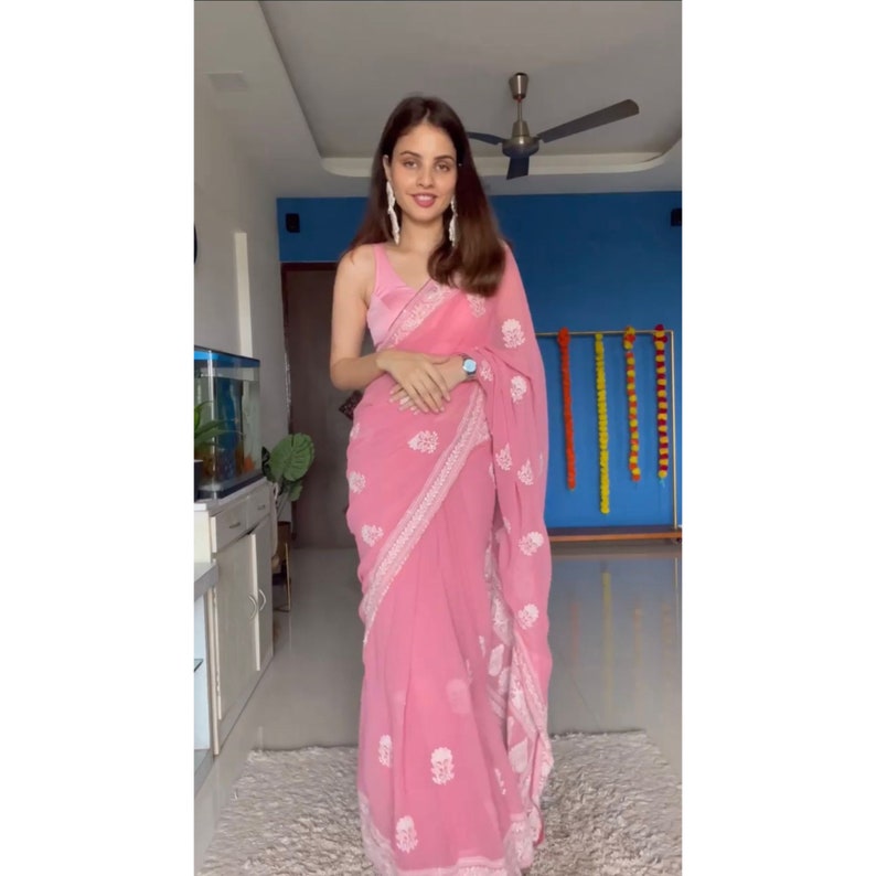 Elegant Pink Saree With Blouse, Indian Wedding Mehendi Bridesmaids Party Wear Saree, Readymade Saree, Prestitched Saree  - INSPIRED