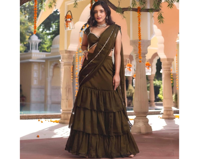 Olive Green Ruffles Saree For Women, Indian Wedding Mehendi Sangeet Party Wear Sarees, Ready To Wear Sarees, Prestitched Saree  - INSPIRED