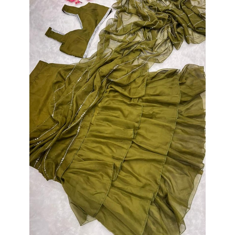 Olive Green Ruffles Saree For Women, Indian Wedding Mehendi Sangeet Party Wear Sarees, Ready To Wear Sarees, Prestitched Saree  - INSPIRED