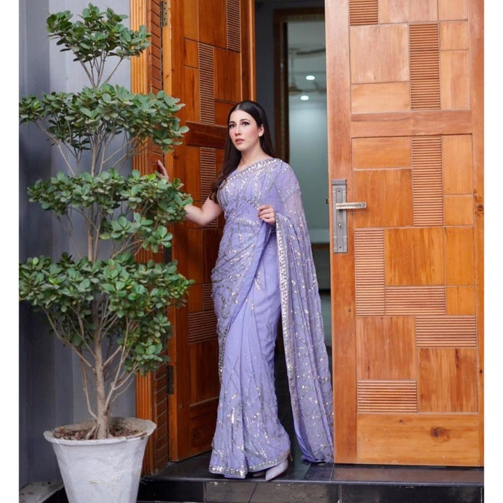 Lavender Sequins Party Wear Saree For Women, Indian Wedding Reception Cocktail Saree, Ready To Wear Pre Stitched Saree  - INSPIRED