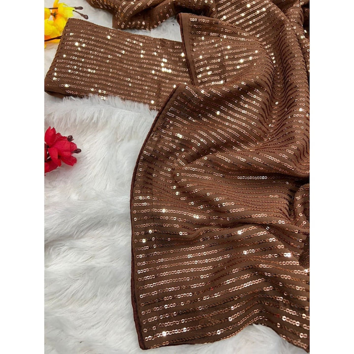 Brown Sequins Indian Saree For Women, Indian Wedding Reception Cocktail Party Wear Saree, Ready To Wear Pre Stitched Saree  - INSPIRED