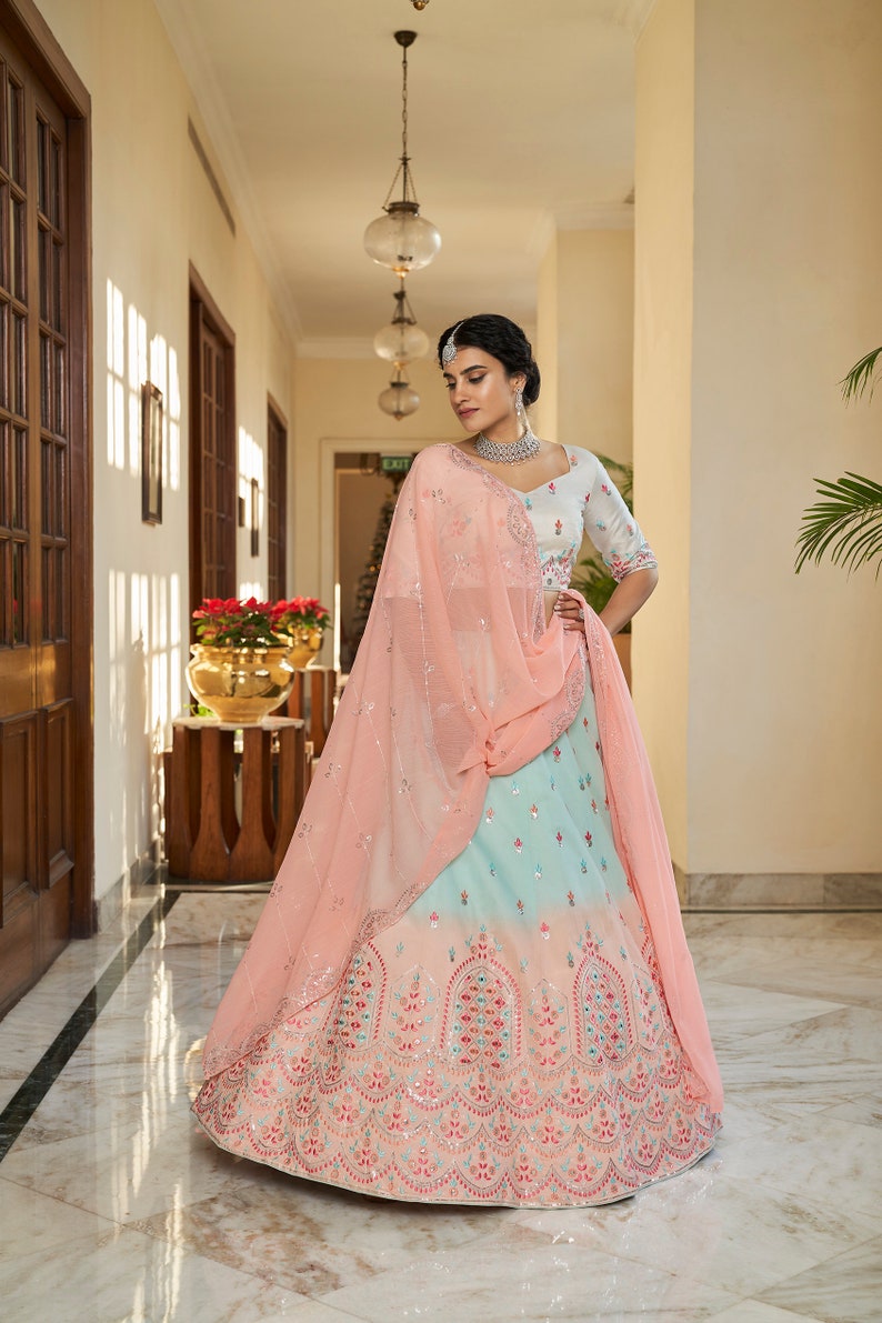 Designer Sky-Peach Shaded Lehenga Choli With Heavy Embroidery Sequence Work Wedding Lehenga Choli Party Wear Lehenga Choli For Women  - INSPIRED