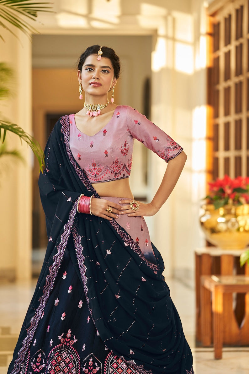 Designer Dustypink-Navy kShaded Lehenga Choli With Heavy Embroidery Sequence Work Wedding Lehenga Choli Party Wear Lehenga Choli For Women  - INSPIRED