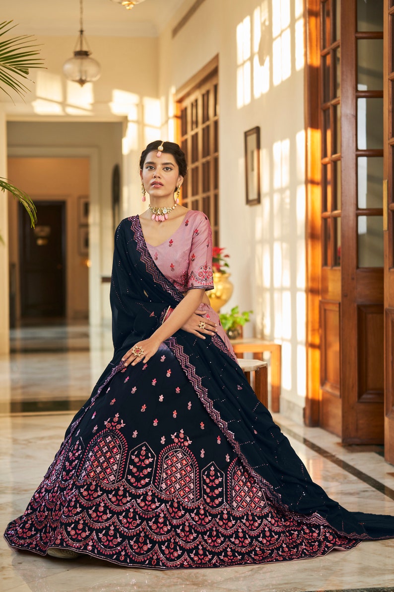 Designer Dustypink-Navy kShaded Lehenga Choli With Heavy Embroidery Sequence Work Wedding Lehenga Choli Party Wear Lehenga Choli For Women  - INSPIRED