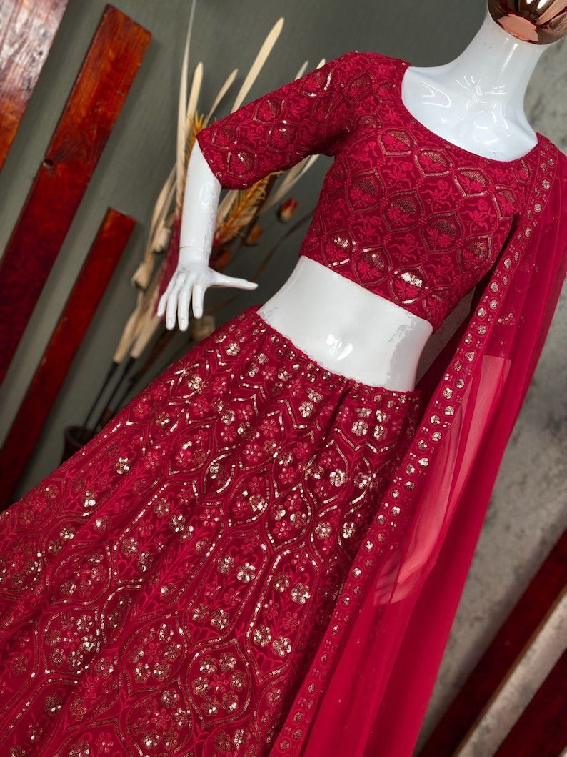 Sabyasachi Designer Red Lehenga Choli With Embroidery Work With Dupatta Wedding Lehenga Choli Party Wear Lehenga Choli for girl bridesmaid  - INSPIRED