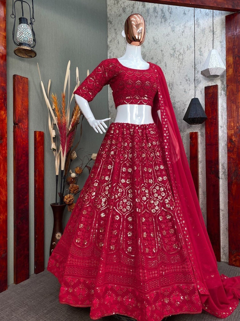 Sabyasachi Designer Red Lehenga Choli With Embroidery Work With Dupatta Wedding Lehenga Choli Party Wear Lehenga Choli for girl bridesmaid  - INSPIRED