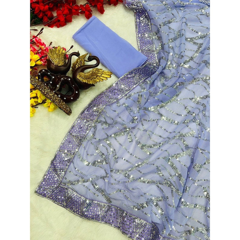 Lavender Sequins Party Wear Saree For Women, Indian Wedding Reception Cocktail Saree, Ready To Wear Pre Stitched Saree  - INSPIRED