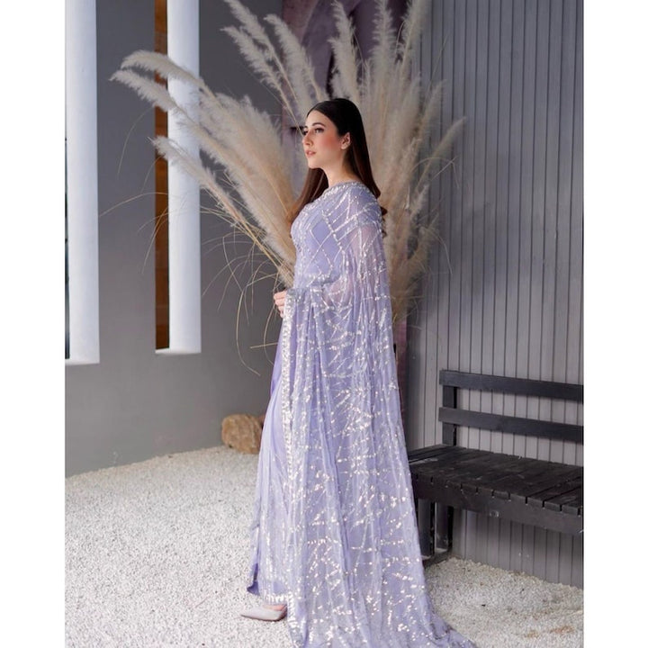 Lavender Sequins Party Wear Saree For Women, Indian Wedding Reception Cocktail Saree, Ready To Wear Pre Stitched Saree  - INSPIRED