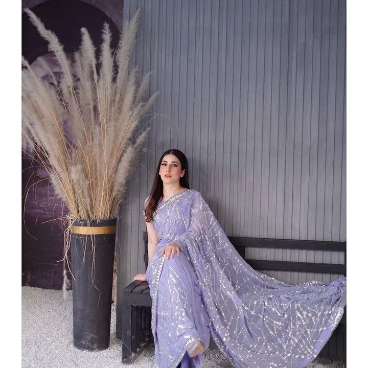 Lavender Sequins Party Wear Saree For Women, Indian Wedding Reception Cocktail Saree, Ready To Wear Pre Stitched Saree  - INSPIRED