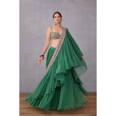 Ready To Wear Skirt Style Ruffle Saree With Stitched Blouse For Women, Indian Wedding Mehendi Reception Party Wear Saree  - INSPIRED