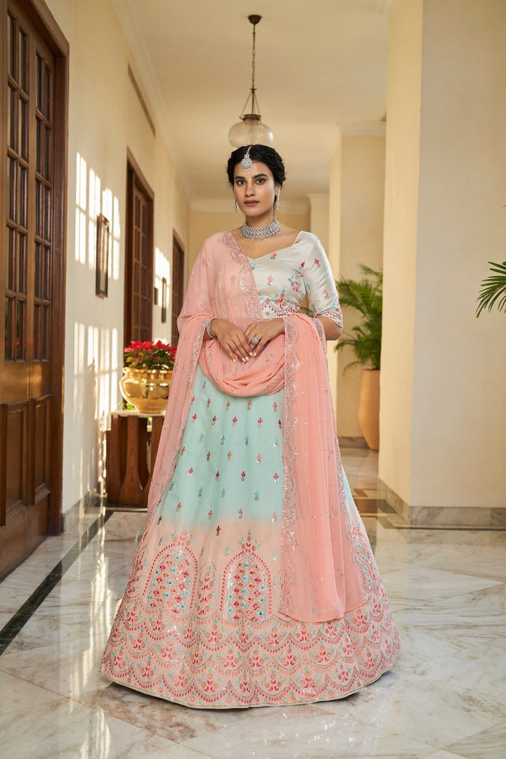 Designer Sky-Peach Shaded Lehenga Choli With Heavy Embroidery Sequence Work Wedding Lehenga Choli Party Wear Lehenga Choli For Women  - INSPIRED