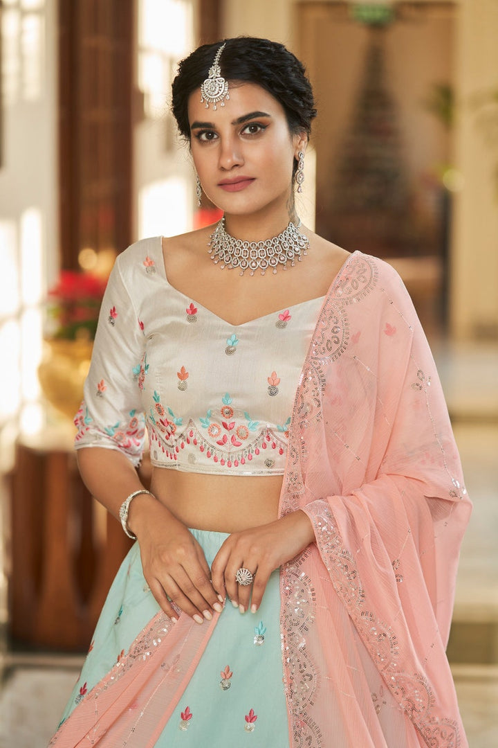 Designer Sky-Peach Shaded Lehenga Choli With Heavy Embroidery Sequence Work Wedding Lehenga Choli Party Wear Lehenga Choli For Women  - INSPIRED