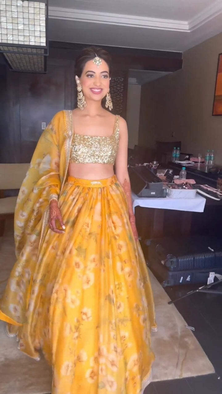 Designer Yellow Lehenga Choli with  Digital Print And sequence Embroidery work Wedding lehenga choli party wear lehenga choli for girls  - INSPIRED