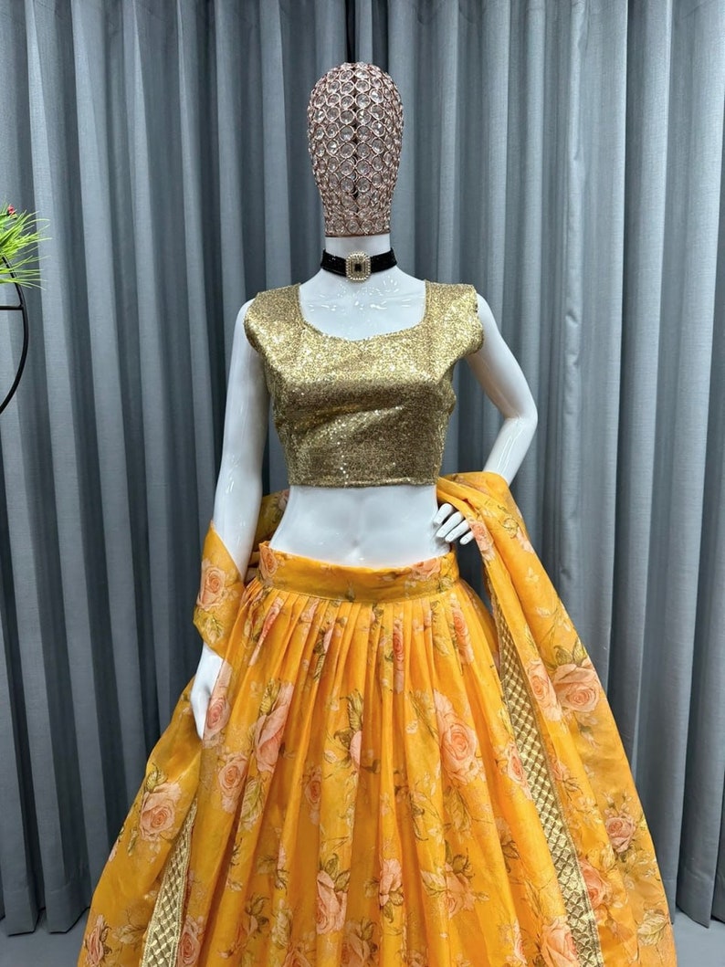 Designer Yellow Lehenga Choli with  Digital Print And sequence Embroidery work Wedding lehenga choli party wear lehenga choli for girls  - INSPIRED