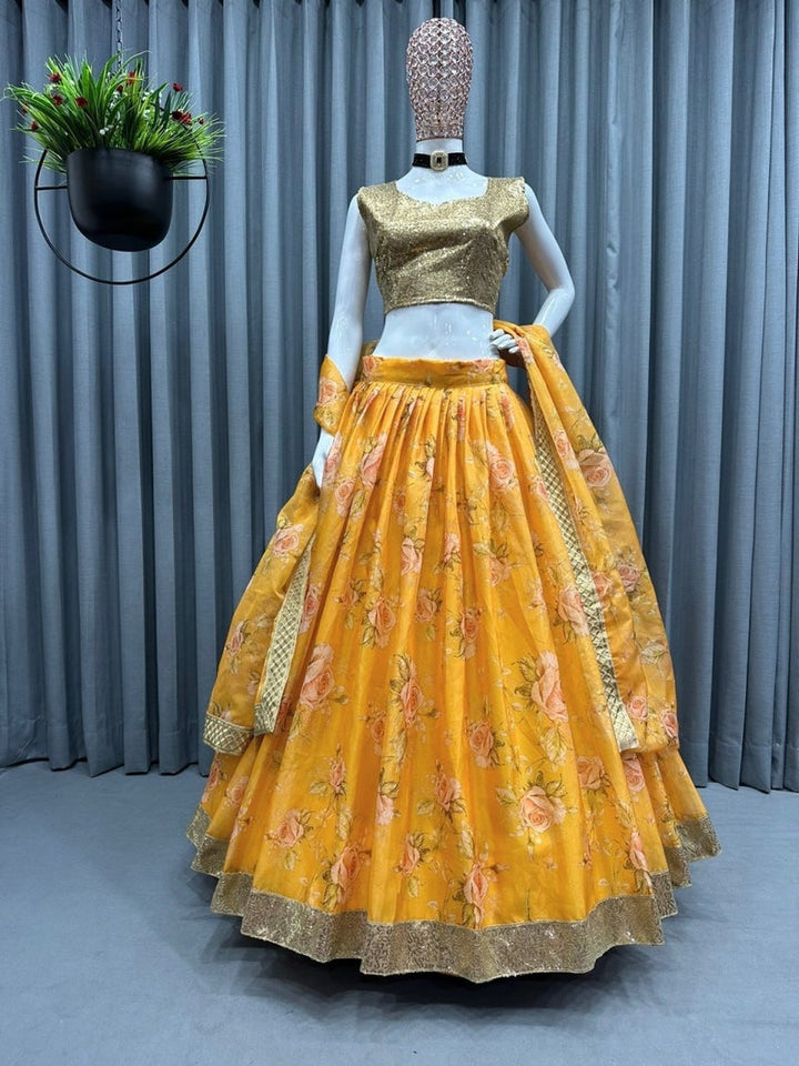 Designer Yellow Lehenga Choli with  Digital Print And sequence Embroidery work Wedding lehenga choli party wear lehenga choli for girls  - INSPIRED