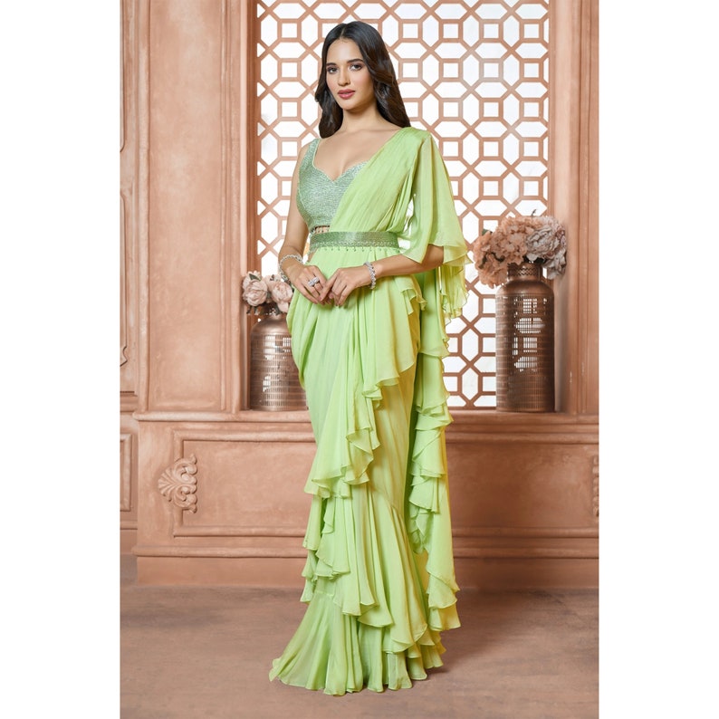 Designer Ruffles Saree With Belt For Indian Wedding Mehendi Sangeet Bridesmaids Reception Cocktail Party Wear, Fully Stitched Set  - INSPIRED