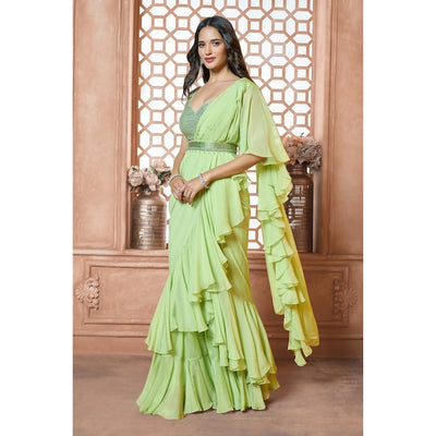 Designer Ruffles Saree With Belt For Indian Wedding Mehendi Sangeet Bridesmaids Reception Cocktail Party Wear, Fully Stitched Set  - INSPIRED
