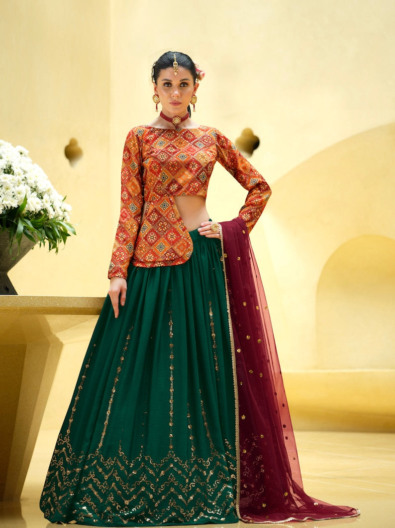 Sabyasachi Designer Lehenga Choli Sequins Work ,Choli with Print Embroidery Work Wedding Party Wear Lehenga Choli Girl indian woman wear  - INSPIRED