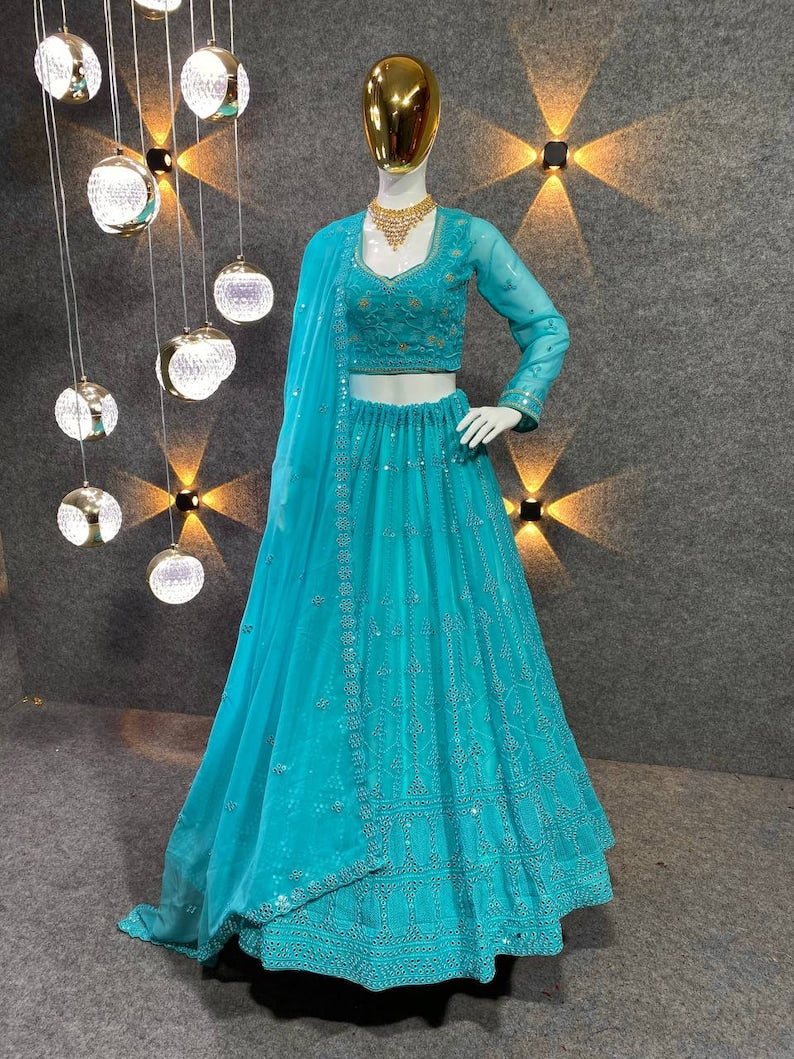 Indian Designer Multi-sequence Work Lehenga With Blouse & Sequence Work And Lace Border Net Dupatta, Lehenga Choli Set For Women  - INSPIRED