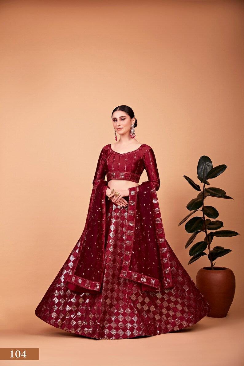 Sabyasachi Designer Cherry Red Lehenga Choli With Thread sequence embroidery work Wedding Lehenga Choli Party Wear Lehenga Choli for girl  - INSPIRED