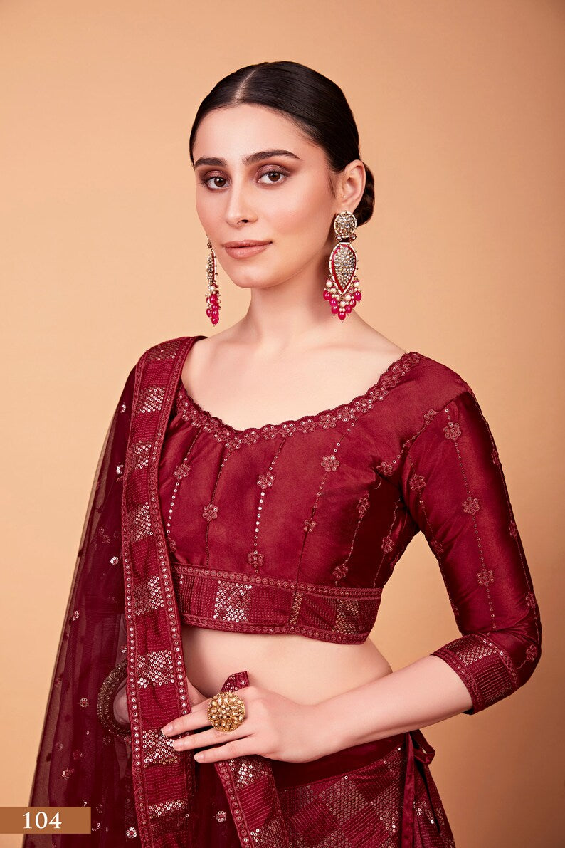 Sabyasachi Designer Cherry Red Lehenga Choli With Thread sequence embroidery work Wedding Lehenga Choli Party Wear Lehenga Choli for girl  - INSPIRED